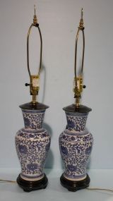 Pair of Blue and White Porcelain Lamps on Wood Bases