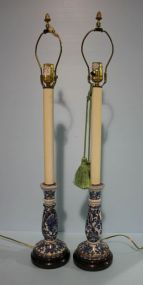 Pair of Blue and White Candlestick Lamps with Shades
