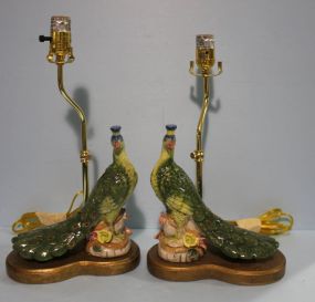 Pair of Porcelain Peacock Lamps on Wood Base