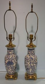 Pair of Porcelain Blue and White Lamps on Brass Base
