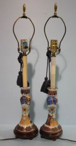 Pair of Porcelain Candlestick Lamps on Wood Base