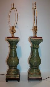 Pair of Green Ceramic Baluster Style Lamps on Base