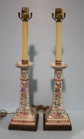 Pair of Porcelain Floral Lamp, Candlestick Style with Shades