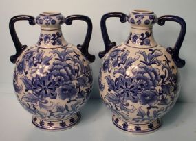 Pair of Blue and White Double Handled Urns