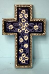 Blue and White Floral Pattern Glass Cross on Silver Back Drop