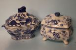 Set of Two Blue and White Covered Dishes