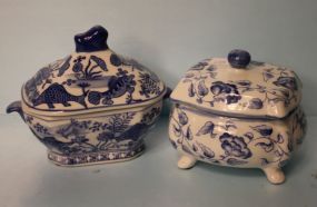 Set of Two Blue and White Covered Dishes
