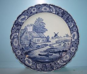 Large Blue and White Ruffled Edge Charger with Floral Border