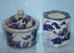 Two Blue and White Porcelain Pieces; Cup Holder and Covered Round Jar
