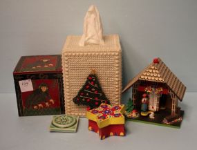 Miscellaneous Items Crocheted tissue box with Xmas tree, wooden cuckoo clock style thermometer, wooden box with monkey ornament and a small paper star shape box