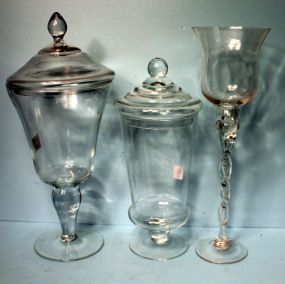 Tall Twisted Stem Candle Holder and Two Glass Covered Decanters