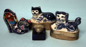 Pair of Blue and White (Cat and Dog) Boxes, Cobalt Perfume and Hand Painted Decorative Cat