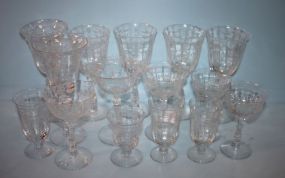 Fifteen Pieces Etched Glass Glasses in Various Sizes