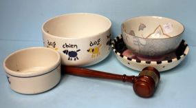Four Cat Bowls and Wood Gavel