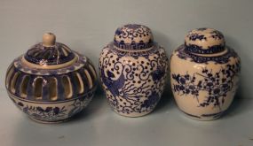 Three Blue and White Covered Jars