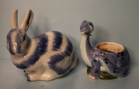 Blue and White Porcelain Turtle Planter and Rabbit
