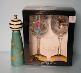 Wood Salt Shaker and Two Champaign Glasses in Box