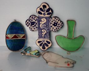 Box of Small Stain Glass Pieces and Blue and White Porcelain Cross