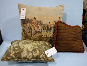 Three Pillows Machine Stitch Pillow featuring a hunt scene, rectangular shape green floral throw pillow, small brown tone on tone pillow
