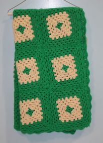 Bright Green and White Square Pattern Crochet Throw