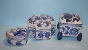 Three Blue and White Covered Boxes