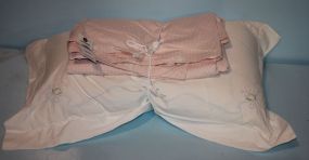Standard Size Pillows with Embroidered Cotton Sham and Full Size Cotton Pink and White Stripe Duvet Cover
