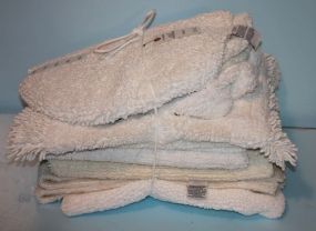 Group of Six Various Size White Cotton Bath Mats and Three White Bowl Covers