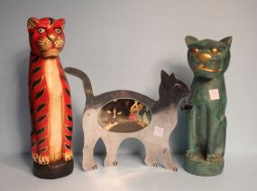 Metal Cat Picture Frame and Two Wooden Cat Figurines