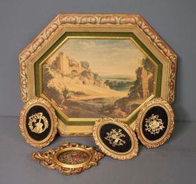 Vintage Print in Octagon Frame with Three Oval Frames and One Circular with Ornate Frame