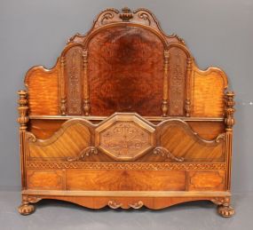 1940's Waterfall Double Size Bed First quarter of the 20th century walnut veneer depression period bed with ornate carving. 54