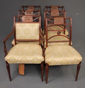 Set of Six Vintage Sheraten Style Dining Chairs Chairs have carvings in the crest, turned legs, one arm and five sides. 21