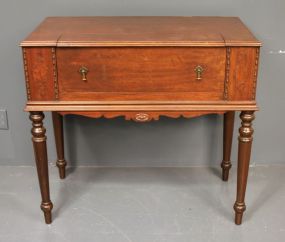 20th Century Walnut Spinet Style Desk Cubbyhole interior on turned legs, some veneer chips. 39 1/2