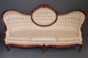 Reproduction Mahogany Victorian Style Sofa with Tufted Back and Carved Crest