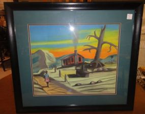 Signed Watercolor of Cabin in the Field