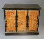 Black Lacquer Two Door Cabinet with Gold Oriental Motif