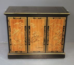 Black Lacquer Two Door Cabinet with Gold Oriental Motif