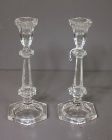 Pair of Six Sided Base Glass Candlesticks