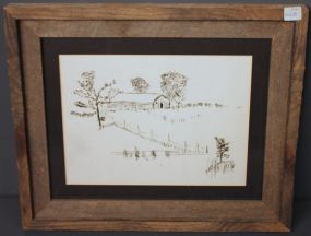 Pencil Etching of Barn, signed RJB