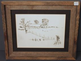 Pencil Etching of Barn, signed RJB