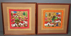 Pair of Yarn Stitched Pictures on Burlap
