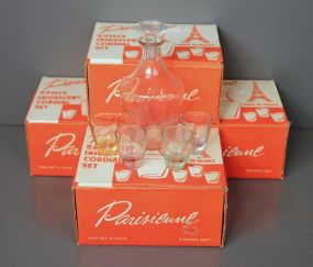 Four Sets of Parisienne Five Piece Iridescent Cordial Sets in Original Boxes