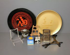 Ucago Pottery Pagoda along with Two Wood Blocks, Two Plastic Trays and a Silverplate Bottle Holder