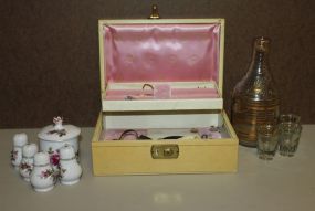 Jewelry Box, Decanter with Three Glasses and a Group of Four Salt and Pepper with Matching Covered Dish