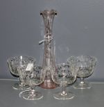 Group of Four Etched Glass Sherberts and One Etched Glass Vase