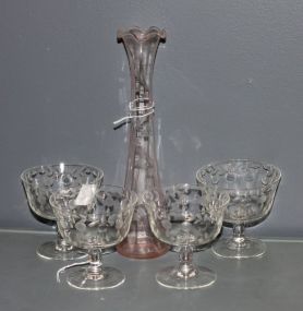 Group of Four Etched Glass Sherberts and One Etched Glass Vase
