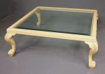 Painted Glass Top Coffee Table with Carved Rococo Feet