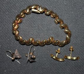Vermeil Sterling Bracelet and Two Pairs of Earrings