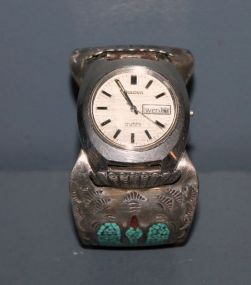 Native American Sterling Cuff Bracelet with Bulova Watch