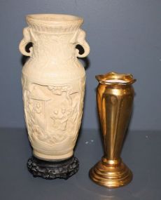 Vintage Norleans made in Italy Celluloid Oriental Motif Vase on Carved Wood Base
