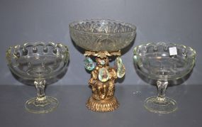 Two Glass Compotes Along with Vintage Compote with Cupid, Glass Bowl and Prisms